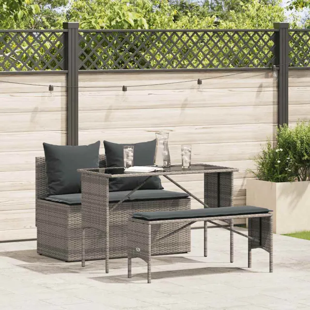 vidaXL 3-delige Tuinset met kussens poly rattan grijs