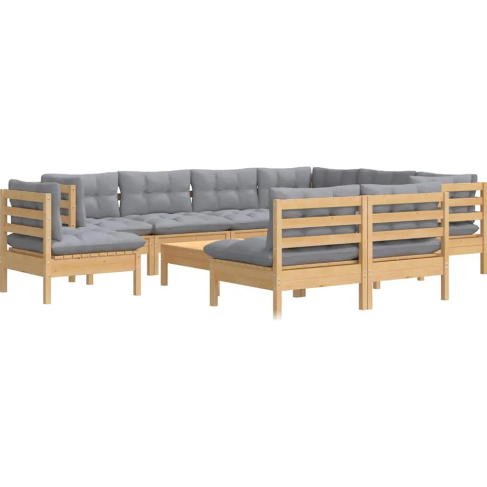 vidaXL 10-delige Loungeset met grijze kussens massief grenenhout Grijs