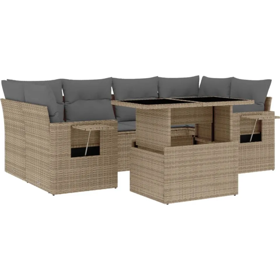 vidaXL 7-delige Loungeset met kussens poly rattan beige, foto 3