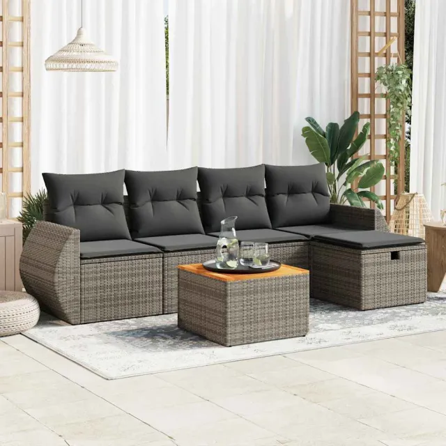 vidaXL 6-delige Loungeset met kussens poly rattan grijs