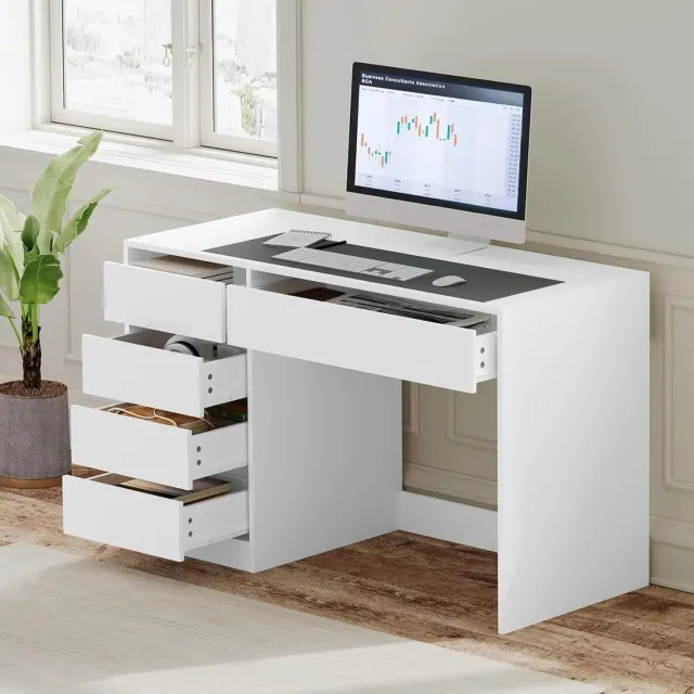 PRIMO HOME Prime Home Bureau - Kantoor - Computertafel - 5 laden - Grote opbergruimte - 120 x 55 x 75cm - Wit