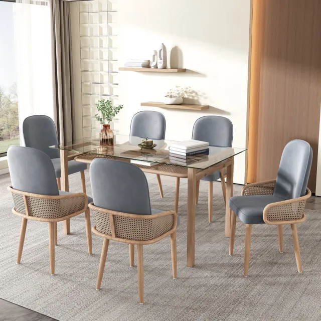 Wishdor Eetkamerstoel - Velvet armleuningen - Rotan design metalen poten - Modern - Woonkamer eetkamer slaapkamer - Grijs - 41 x 39,5 x 90 cm