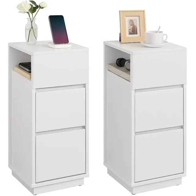 NaevaMi Nachtkastjes Set van 2 - Nachtkastje Wit - 2 Lades - Open Compartiment - Slaapkamer - Bijzettafel - Nachtkastjes Modern - 30x25x65cm - Max. Draagvermogen 45,4kg Max. Laadcapaciteit per Lade 4,5kg - Wit