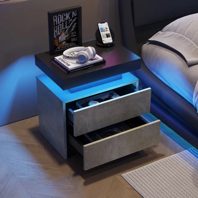 Merax Nachtkastje met LED-verlichting - Modern Grijs Houten Nachtkastje met 2 Lades en Instelbare LED-kleuren voor Slaapkamer/Woonkamer