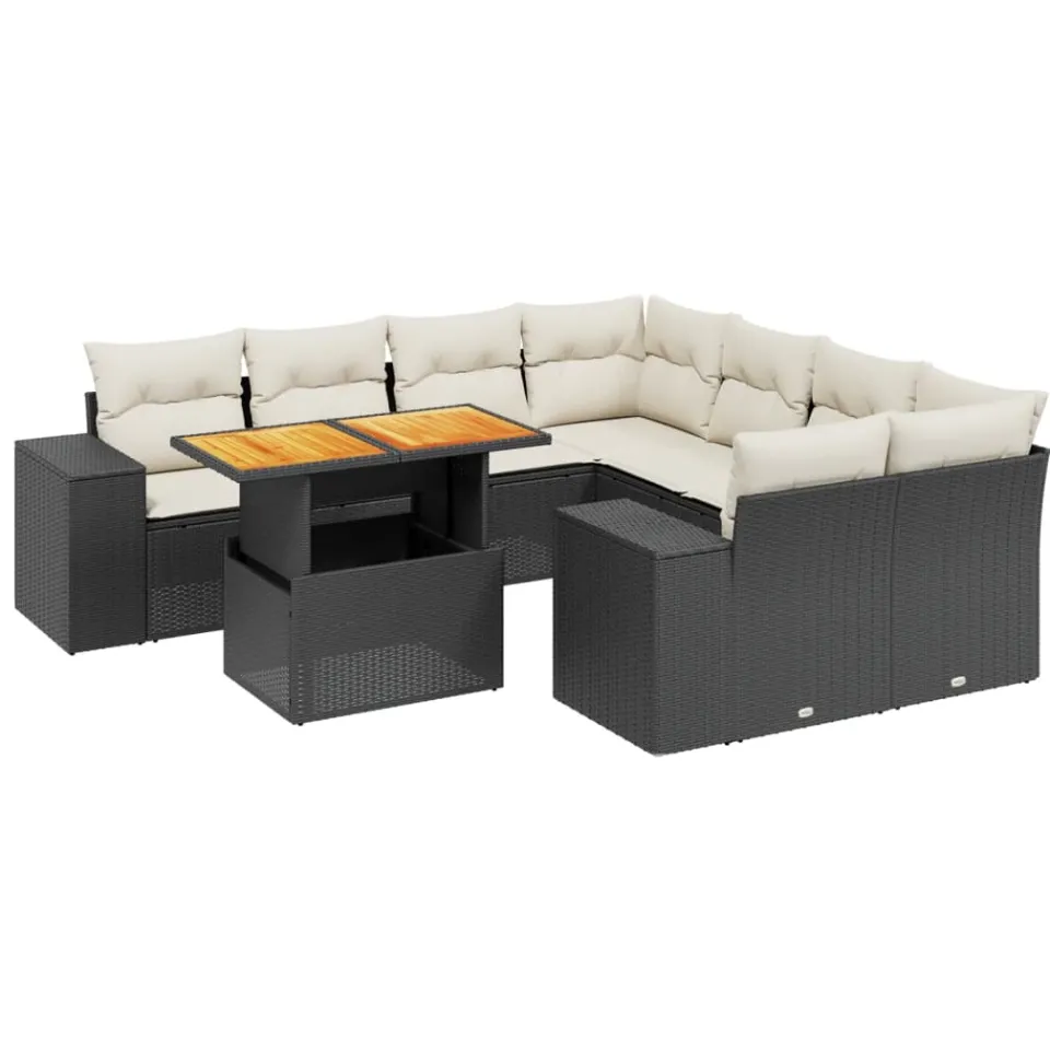 vidaXL 9-delige Loungeset met kussens poly rattan zwart