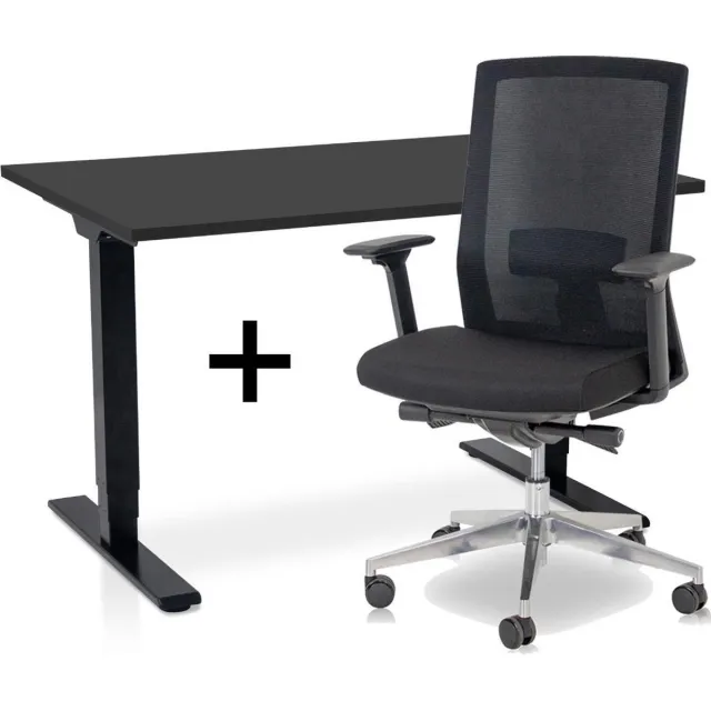 Lineaflex MRC Zit-sta bureau elektrisch verstelbaar + ERGO Bureaustoel | NEN-EN 527 COMFORT Thuiswerkset | frame bureau zwart - bureaublad zwart | 120x80 cm Zwart bureauframe