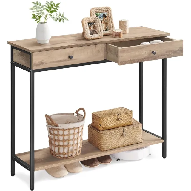 Conway Living Consoletafel met 2 Lades - Smalle Wandtafel met Stalen Frame - Industrieel Design - FSC® Hout - 100x30x80 cm - Kameelbruin / Zwart