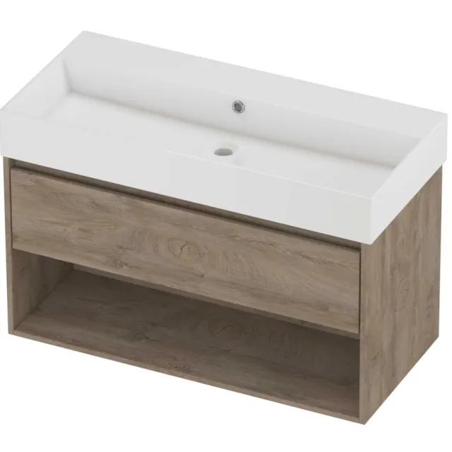 Proline Zara Badmeubelset Porselein Loft Zonder Kraangat Met Schap 100x46x65 cm Glans Wit Raw Oak Eiken