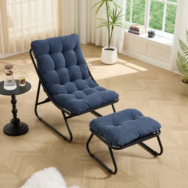 Welltin Ligstoel - Hangstoelachtig ontwerp - Fauteuil & Poef Set - Ontspanningsstoel - Relaxstoel - Loungestoel - Comfortabele TV-stoel - Blauw