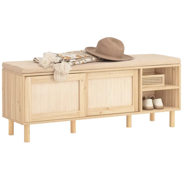 SoBuy Schoenenbank - Schoenenkast met Gewatteerd Kussen en 2 Schuifdeuren - Opbergbank Opbergkast voor Ingang, Slaapkamer - 121x35x49 cm, Hout Kleur, FSR163-N Naturel