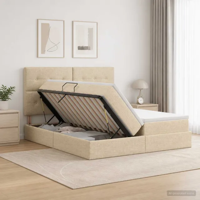 vidaXL Opslag bed met hoofdeinde Crèmekleurig 200 x 200 cm Stof