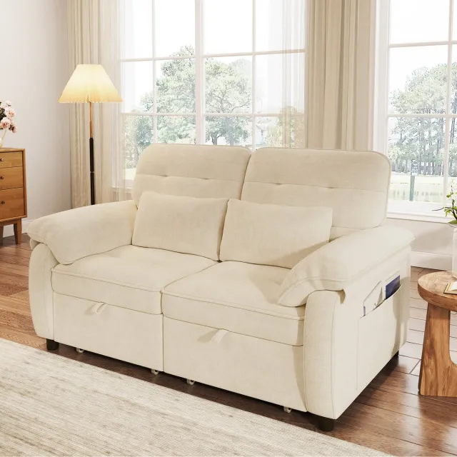 HAUSS SPOLE Slaapbank - 3 In 1 Uittrekbaar Model Met Verstelbare Rugleuning En Oplaadaansluiting - Voor Woonkamer En Logeerkamer - Chenille Beige