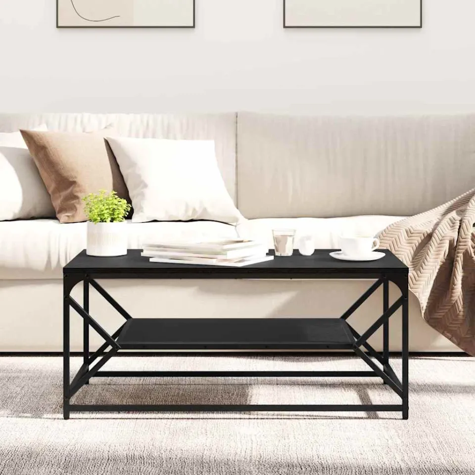 vidaXL Salontafel Zwart Eiken 90 x 50 x 40 cm Engineered hout en staal, foto 4