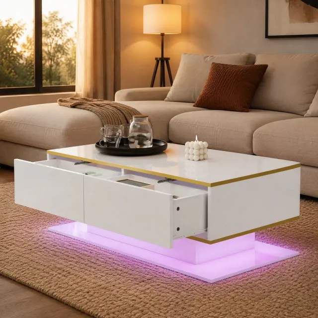 Maisentiel Salontafel wit en goud met 3 lades, ledverlichting en hoogglans afwerking - 100 x 50 cm
