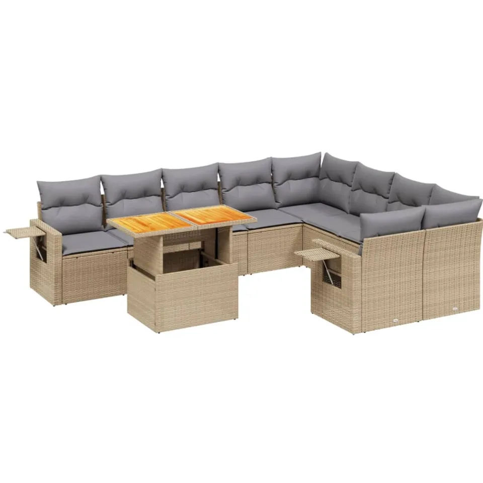 vidaXL 10-delige Loungeset met kussens poly rattan beige, foto 3