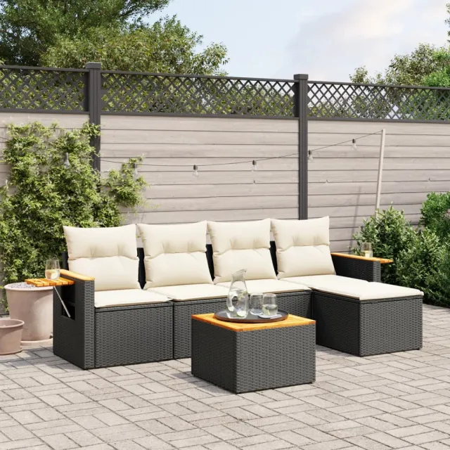 vidaXL 6-delige Loungeset met kussens poly rattan zwart, foto 2