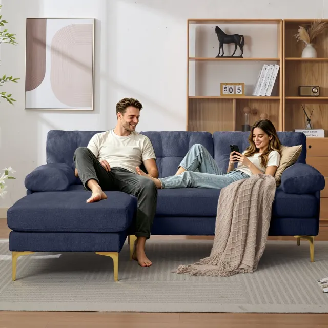 MIVRAY Hoekbank 187,5 Cm - Omkeerbare Chaise Longue Met Gepolsterde Armleuningen - Voor Woonkamer - Chenille Stof - Blauw