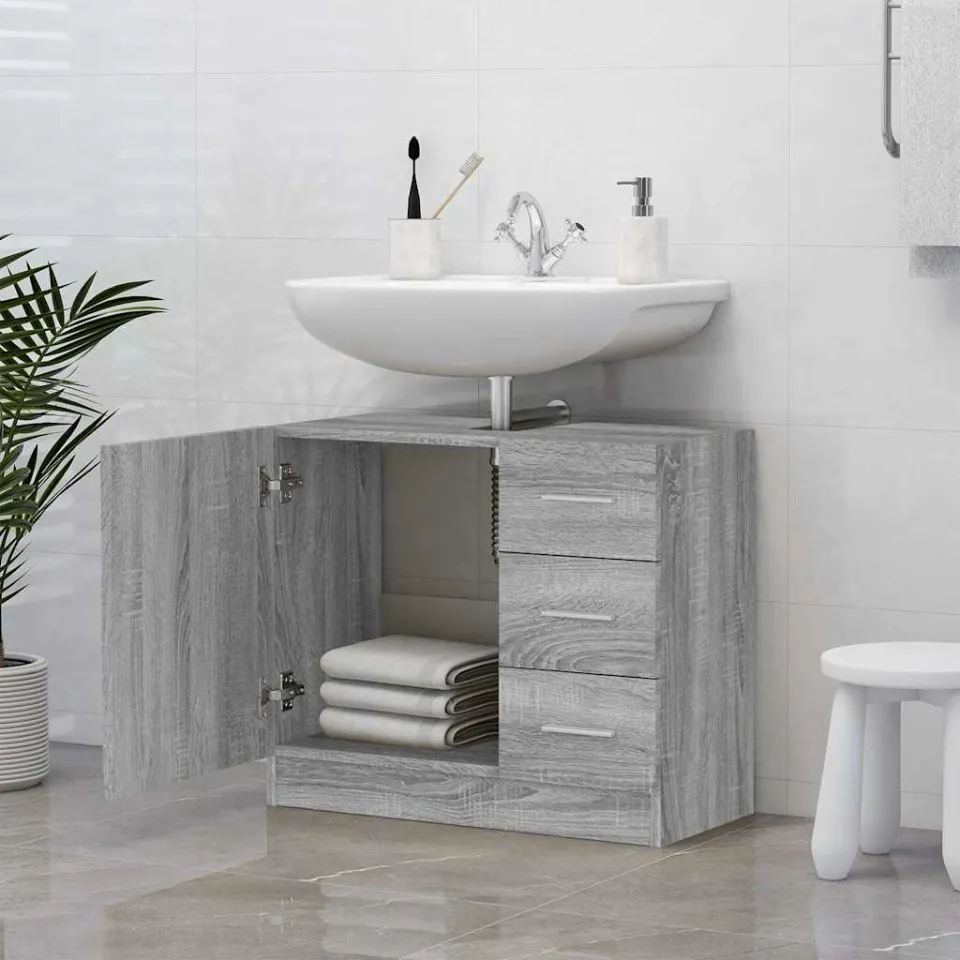 vidaXL Wastafelkast 63x30x54 cm bewerkt hout grijs sonoma eikenkleurig, foto 3