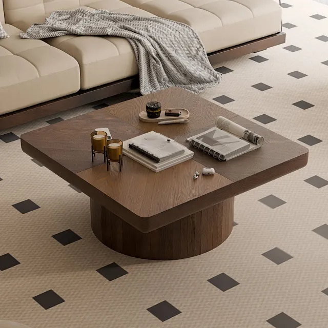 REDOM Salontafel - Vierkant Blad Met Parketpatroon En Cilindrische Voet - Voor Woonkamer - Massief Hout En MDF - Walnootkleur Okkernoot