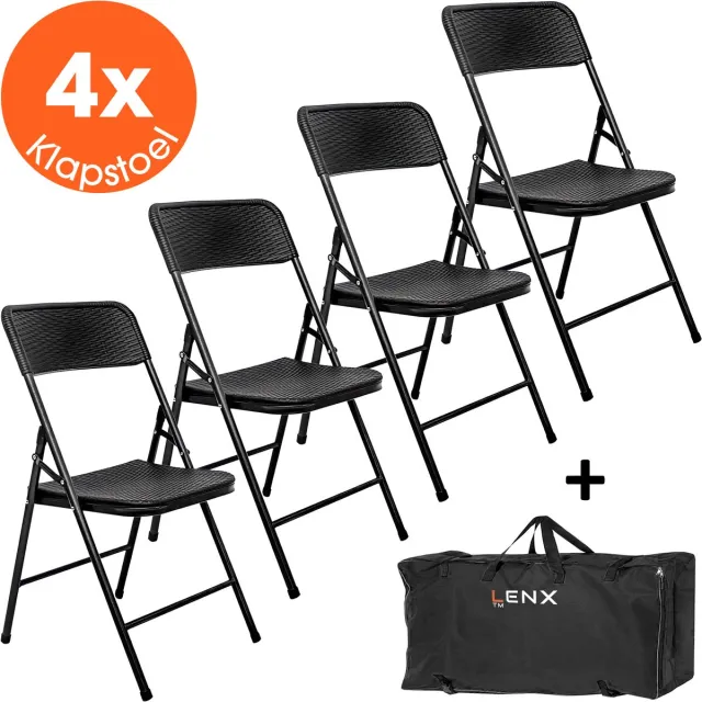 Lenx 4 Delige Klapstoelenset – Inclusief Stoelentas - Vouwstoelenset - Zware Kwaliteit - Weersbestending - Rattan design - Zwart Zwart (rattan)