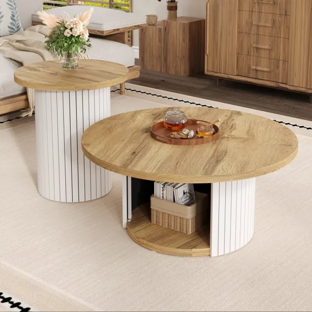COVREO Salontafel set van 2 rond 75 x 75 x 50 cm + 45 x 45 x 35 cm - naturel, MDF
