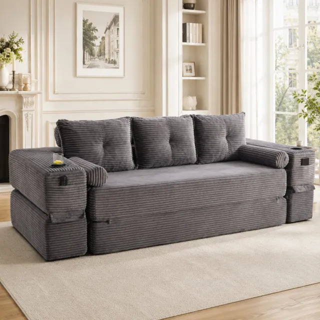 REDOM Slaapbank - 3-zits - Uitklapbaar naar bed - Met opbergvakken en drankhouder - Gestreept - Woonkamer - Corduroy - Donkergrijs - 232 x 98 x 80 cm