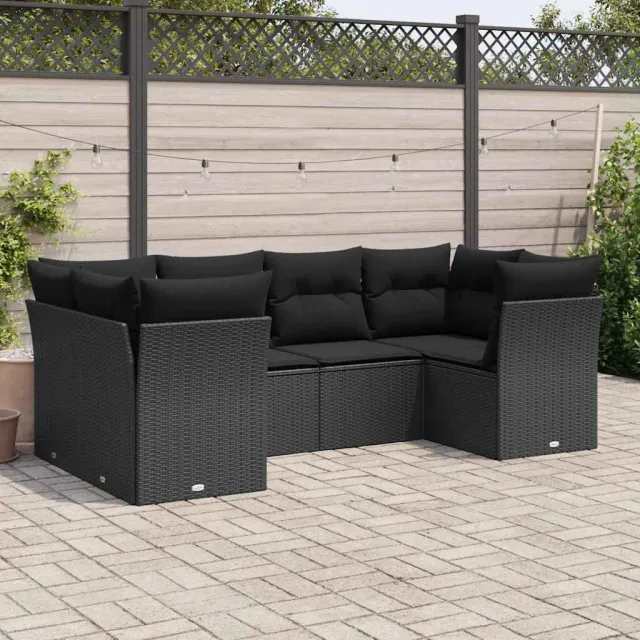 vidaXL 6-delige Loungeset met kussens poly rattan zwart, foto 2