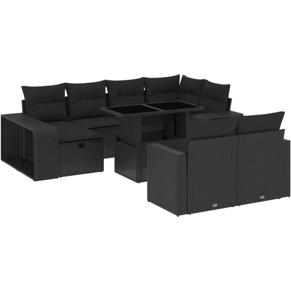 vidaXL 11-delige Loungeset met kussens poly rattan zwart, foto 3
