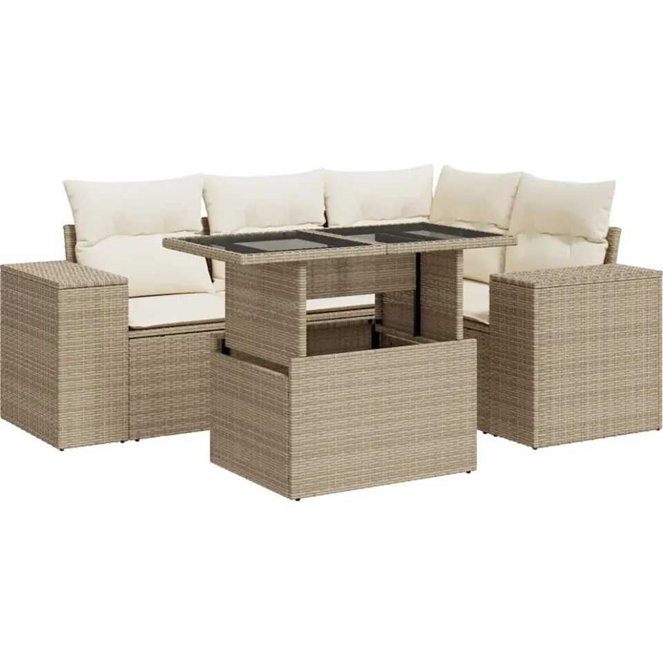 vidaXL 5-delige Loungeset met kussens poly rattan beige, foto 3