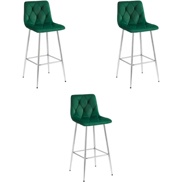 LEOBERT Set van 3 Barkrukken NADO – Groen Velvet / Fluweel – Gestoffeerde Barstoelen met Rugleuning en Voetsteun – Verchroomde Metalen Poten – Modern Design – Voor Keukeneiland, Keuken, Bartafel en Thuisbar