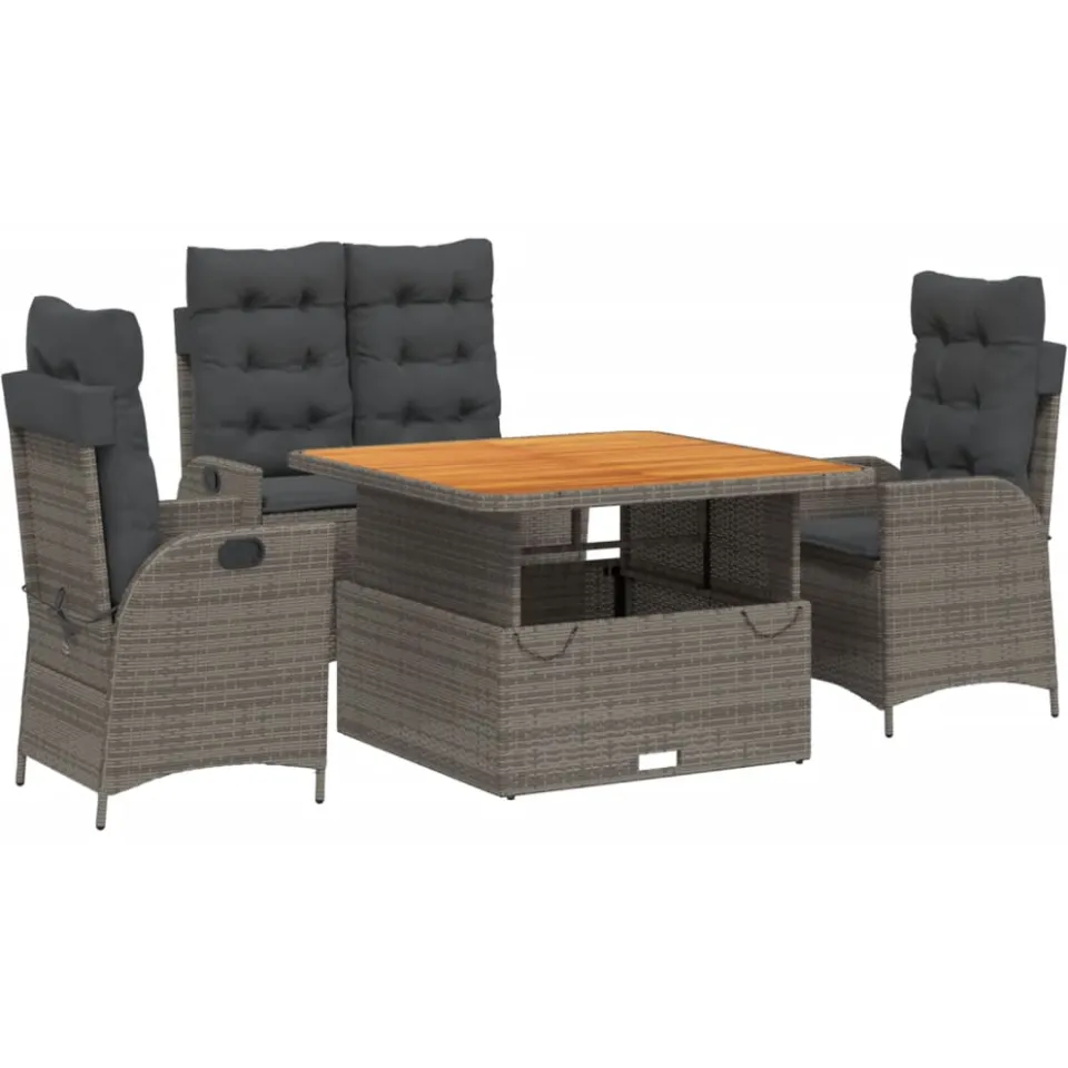 vidaXL 4-delige Tuinset met kussens poly rattan grijs