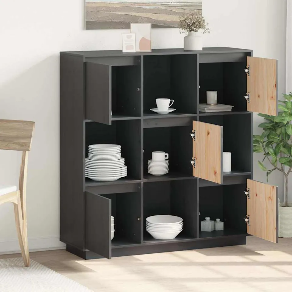 vidaXL Hoge kast 110,5x35x117 cm massief grenenhout grijs, foto 2
