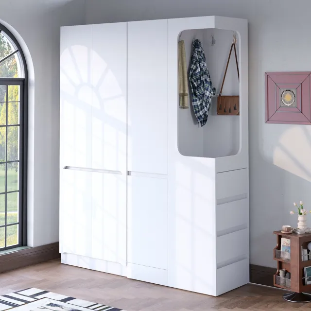 HAUSS SPOLE Kledingkast - Ruime Indeling Met 3 Vakken En 4 Lades - Open Hangruimte Voor Slaapkamer Of Hal - Hout - Wit - 140x40x170 Cm