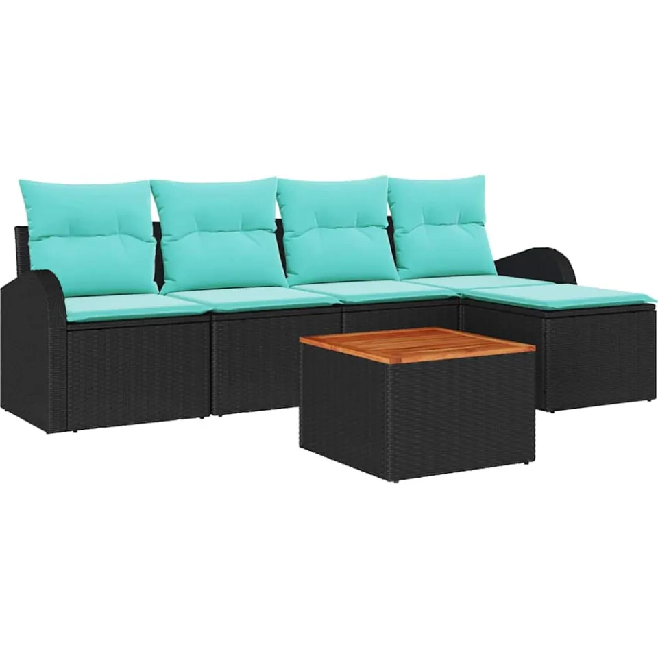 vidaXL Tuinbankenset 6 st Zwart en Turquoise poly rattan
