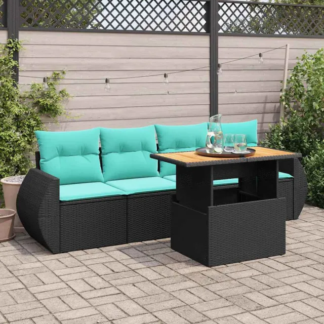 vidaXL 5-delige Loungeset met kussens poly rattan zwart, foto 2