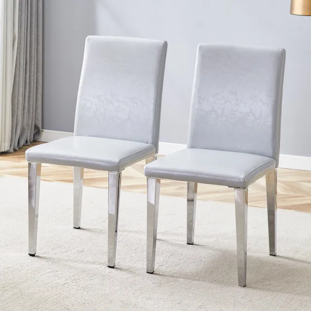 MODENUIT Eetkamerstoel - Set Van 2 - Ergonomische Rugleuning En Metalen Poten - Voor Eetkamer - PU Grijs-Zilver Lichtgrijs + zilver