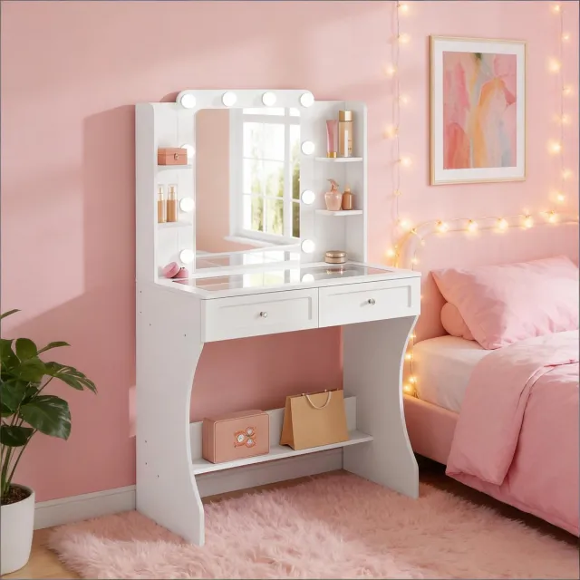 FloraGrace Kaptafel - Met Driedelige Led Spiegelverlichting En Glazen Blad - Voor Slaapkamer Of Kleedruimte - MDF - 80x40x135 cm - Wit Cremewit