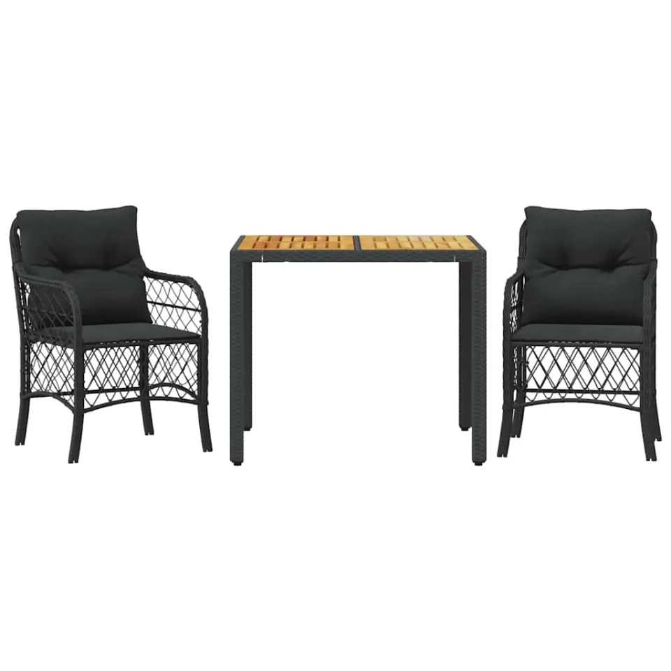 vidaXL 3-delige Bistroset met kussens poly rattan zwart, foto 3