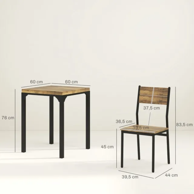 FloraGrace Eetkamerset Voor 2 Personen - Compact Tafelset Met 2 Stoelen - Landelijke Stijl - MDF En Metaal - Rustiek Bruin