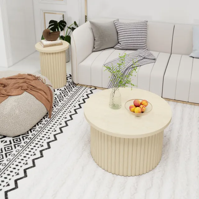 HAUSS SPOLE Salontafelset - Rond 2 Delig Met Gelaagde Hoogte En Houtlook - Voor Woonkamer Slaapkamer Of Kantoor - MDF - Naturel