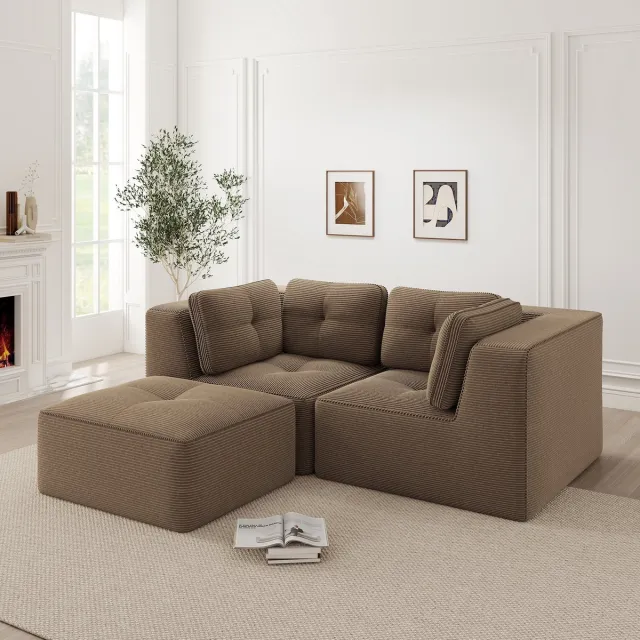 DESMIU Hoekbank 208 x 177 cm - Modulair 2-Zits Met Verplaatsbare Voetsteun - Voor Woonkamer En Slaapkamer - Corduroy Bruin Brown