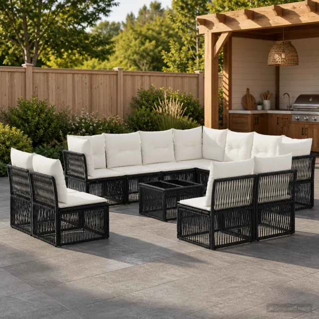 vidaXL Tuinbankenset 12 st 11-zits Zwart poly rattan, foto 2