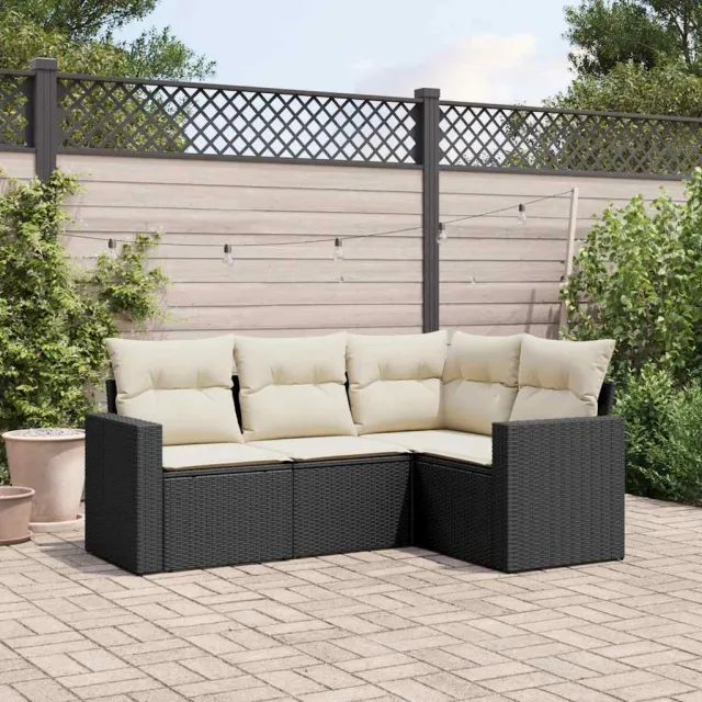 vidaXL 4-delige Loungeset met kussens poly rattan zwart