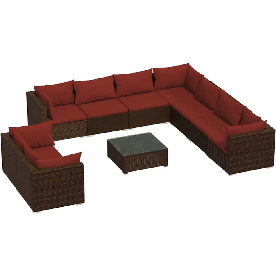 vidaXL 10-delige Loungeset met kussens poly rattan bruin