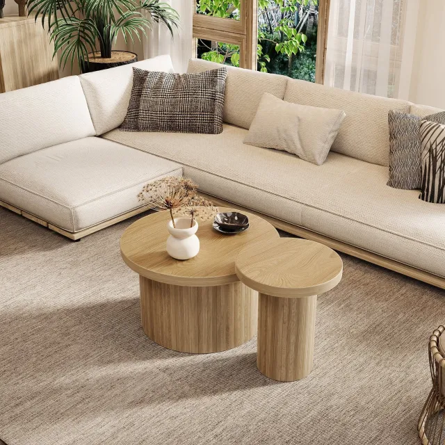 CHICFURN Salontafel - set van 2 - ruimtebesparend - rond - natuurlijk Naturel