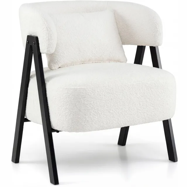 Costway Fauteuil, kunstbont, loungestoel met lendenkussen en metalen poten, gestoffeerde stoel, belastbaar tot 150 kg, comfortabele gestoffeerde stoel voor woonkamer, slaapkamer en werkkamer (wit)