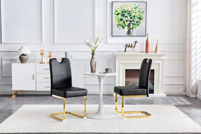 MIVRAY Eetkamerstoel Set Van 2 - Ergonomisch Gebogen Ontwerp Met Antislip Poten - Voor Eetkamer En Kantoor - PU Zwart Zwart + Goud