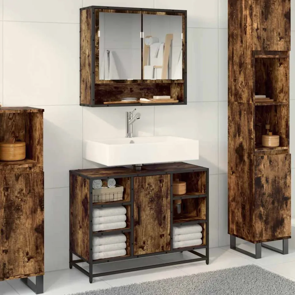 vidaXL Wastafelkast 80x33x60 cm bewerkt hout gerookt eikenkleurig, foto 4