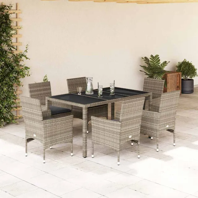 vidaXL 7-delige Tuinset met kussens poly rattan en glas lichtgrijs grijs, foto 2