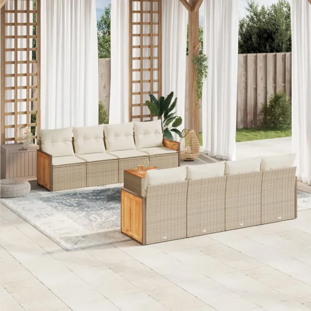 vidaXL 9-delige Loungeset met kussens poly rattan beige, foto 2